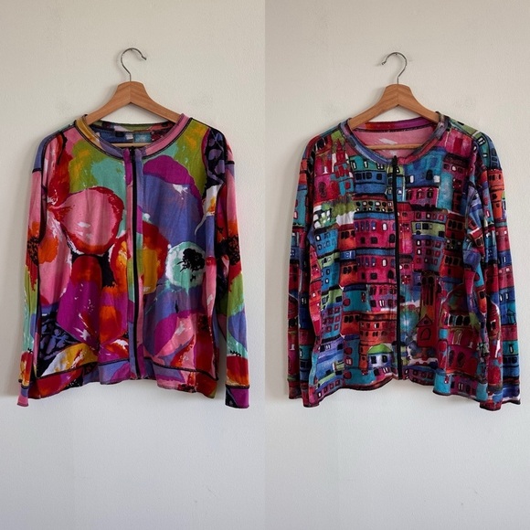 Chico’s vintage double sided novelty village print soft stretchy knit jacket XL - Picture 1 of 7
